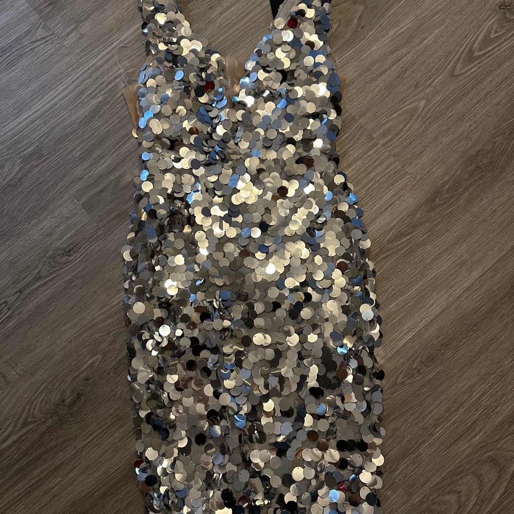 Fashion Nova Shimmering Silver Sequin Midi Dress